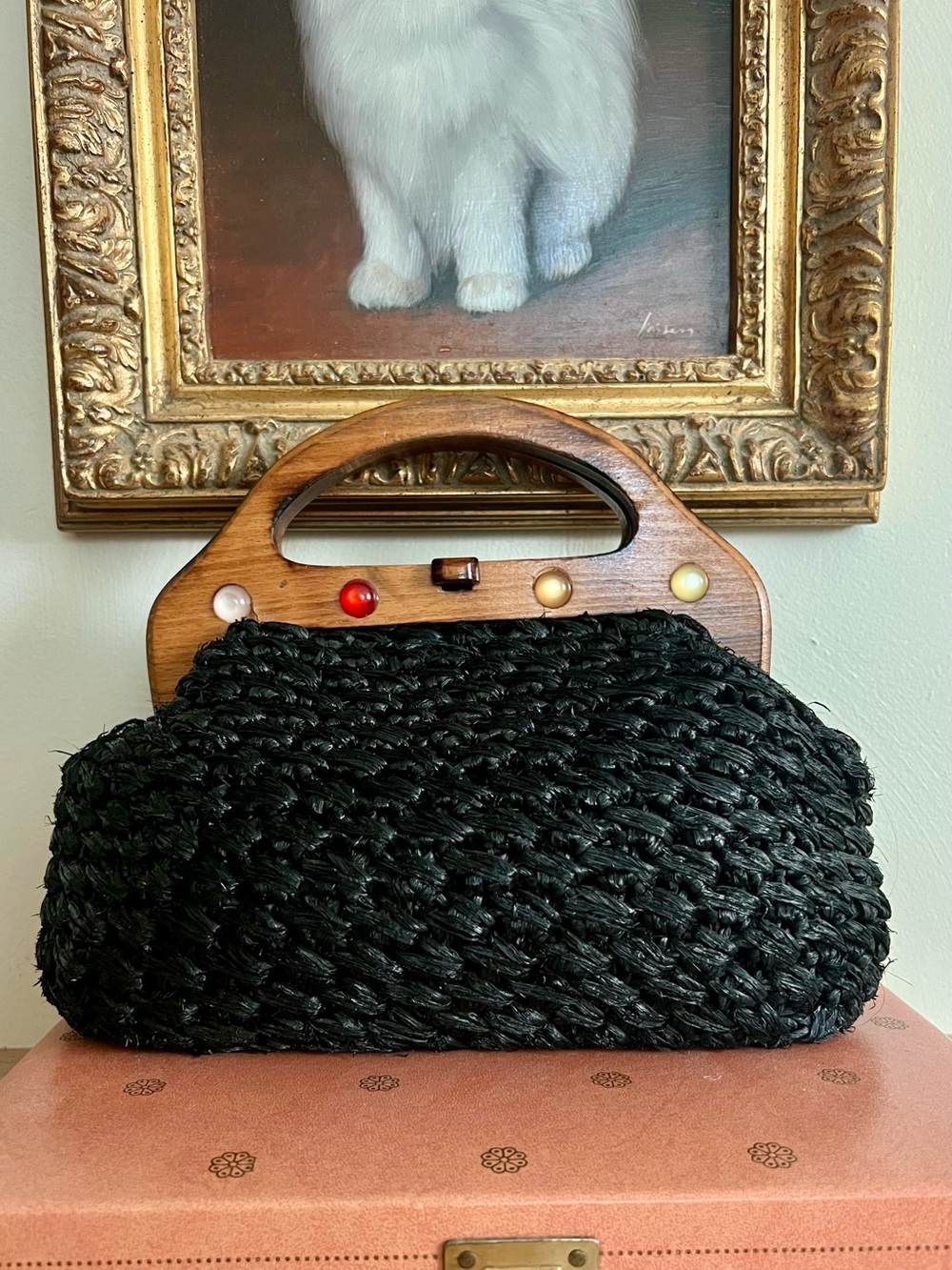 Vintage Black Woven Straw Clutch with Wooden Handle and Bead Accents